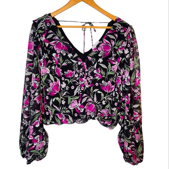 Japna Crop Wrap Top‎ Sheer Floral Black Pink Peasant Sleeves Tie Back Boho L - Picture 1 of 11